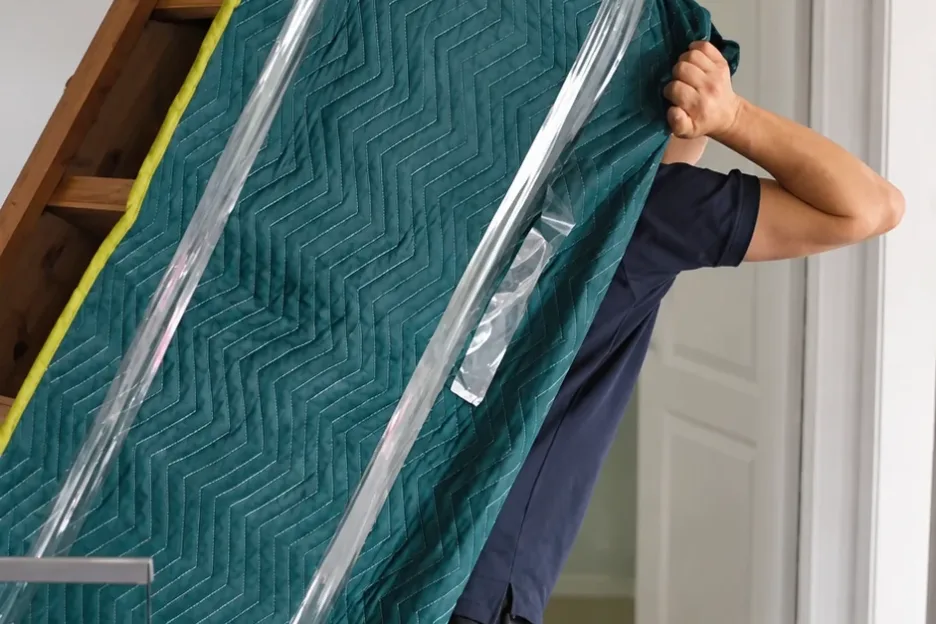 A mover shouldering a blanket-wrapped timber piece of furniture beside a glass balustrade