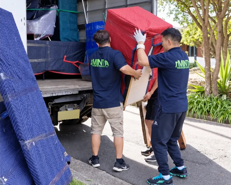 Mint Removals movers lifting a blanket-wrapped cabinet into a removal truck