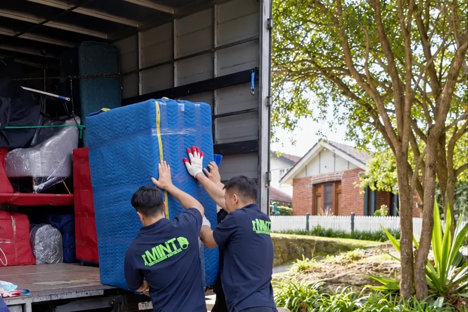 Two Mint Removals movers pushing a tall blanket-wrapped piece into a loaded removal truck