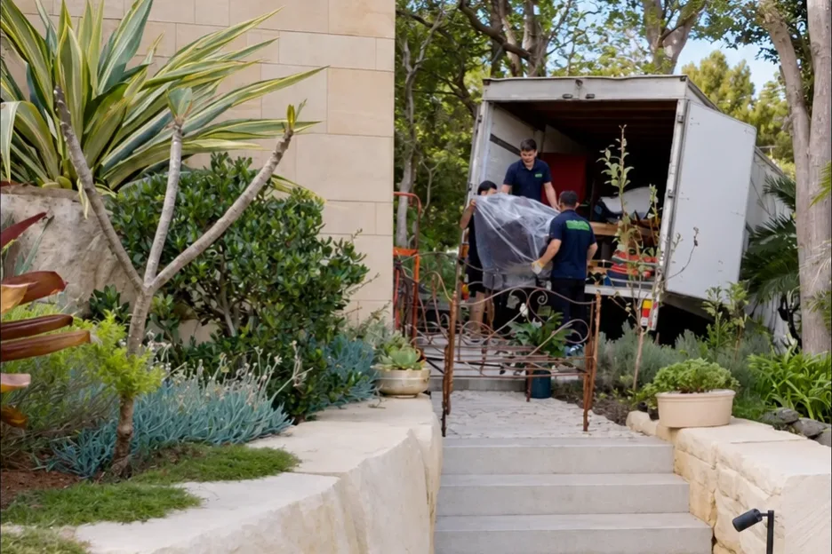Movers loading a plastic-wrapped item into a truck parked at the top of garden steps
