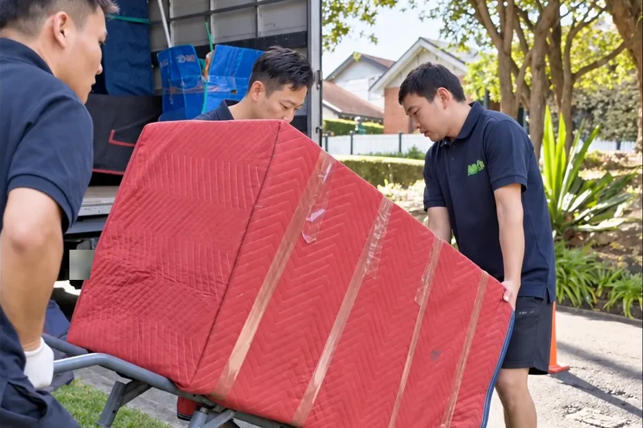Three Mint Removals movers wheeling a blanket-wrapped piece on a hand truck to the back of a removal truck