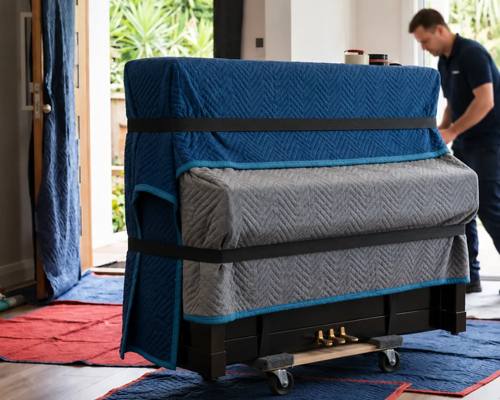 An upright piano wrapped in padded moving blankets and strapped, on a piano dolly